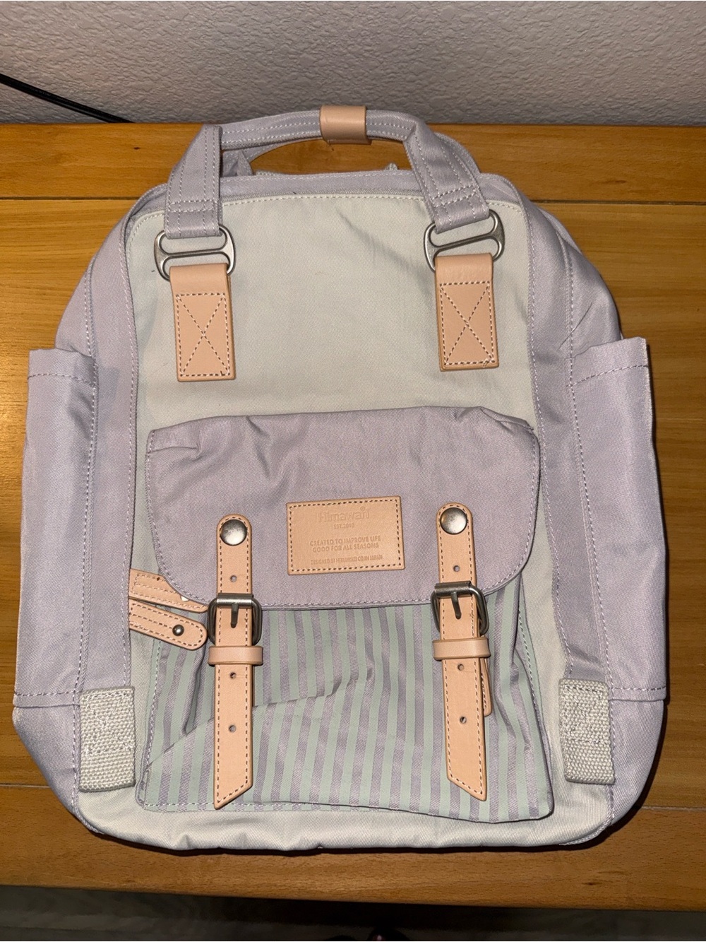 Lavender & Mint Backpack with Beige Leather Accents - Waterproof